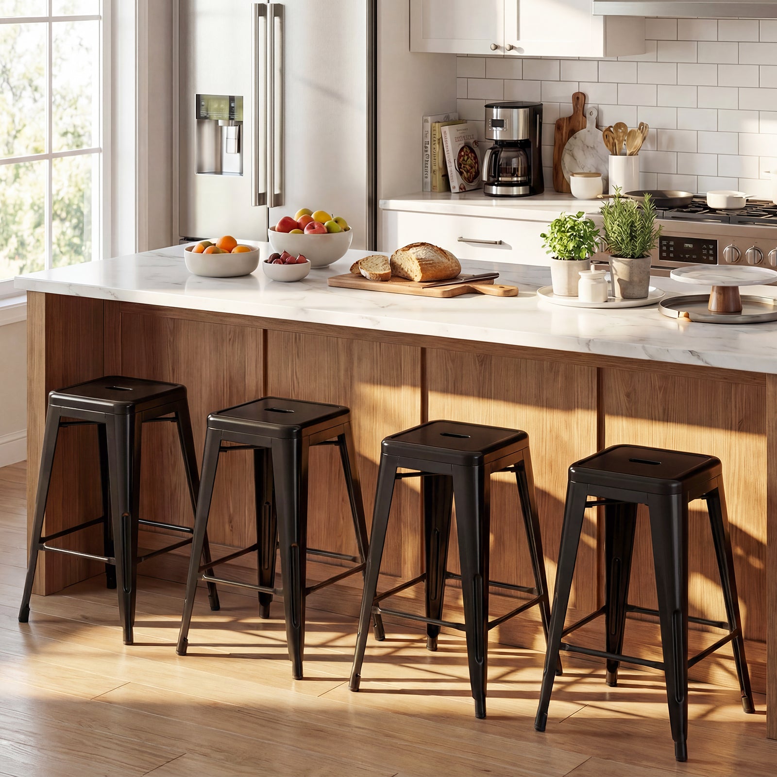 Set of 4 Metal Bar Stools with Backrests, Black Bar Stools at Gallery Canada