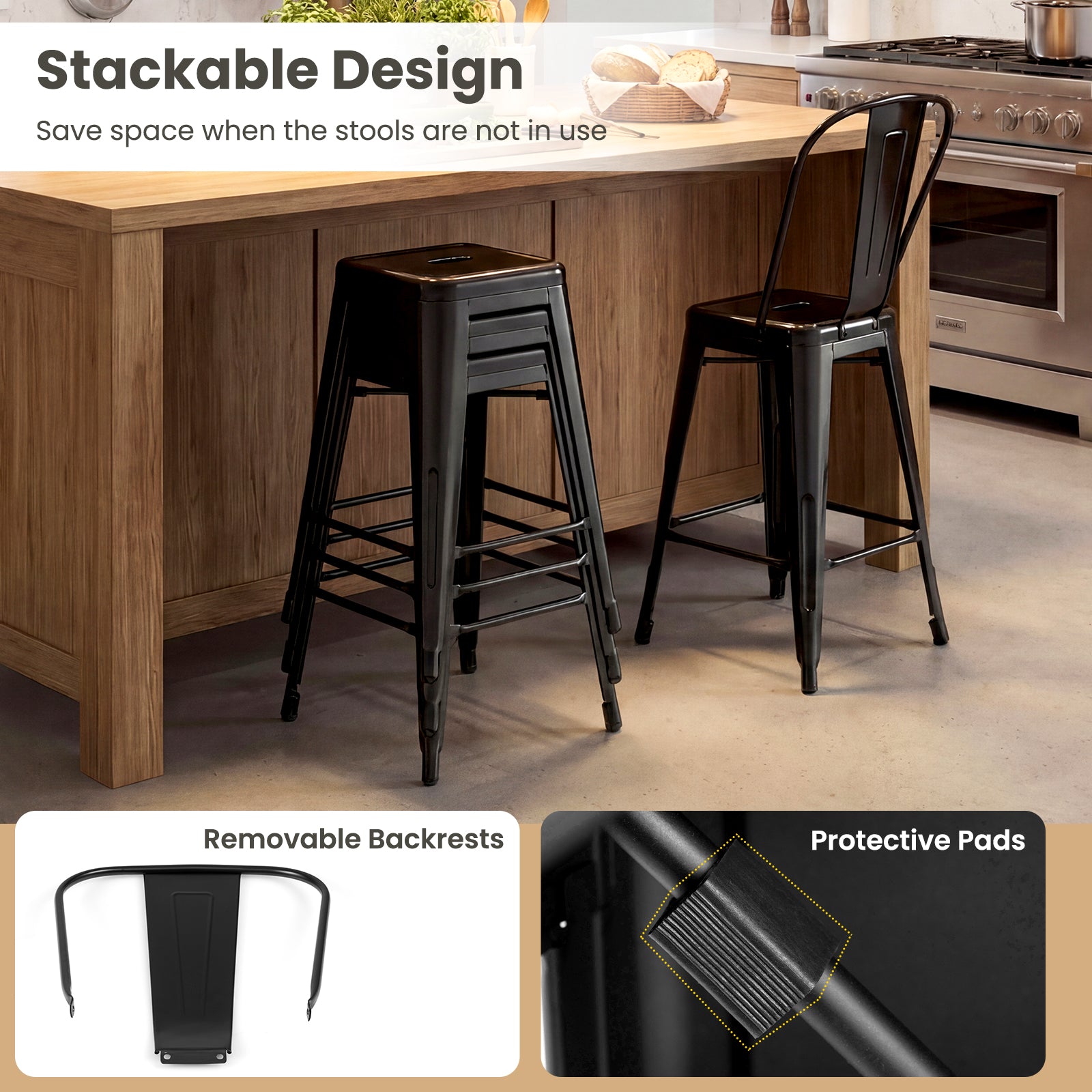 Set of 4 Metal Bar Stools with Backrests, Black Bar Stools at Gallery Canada