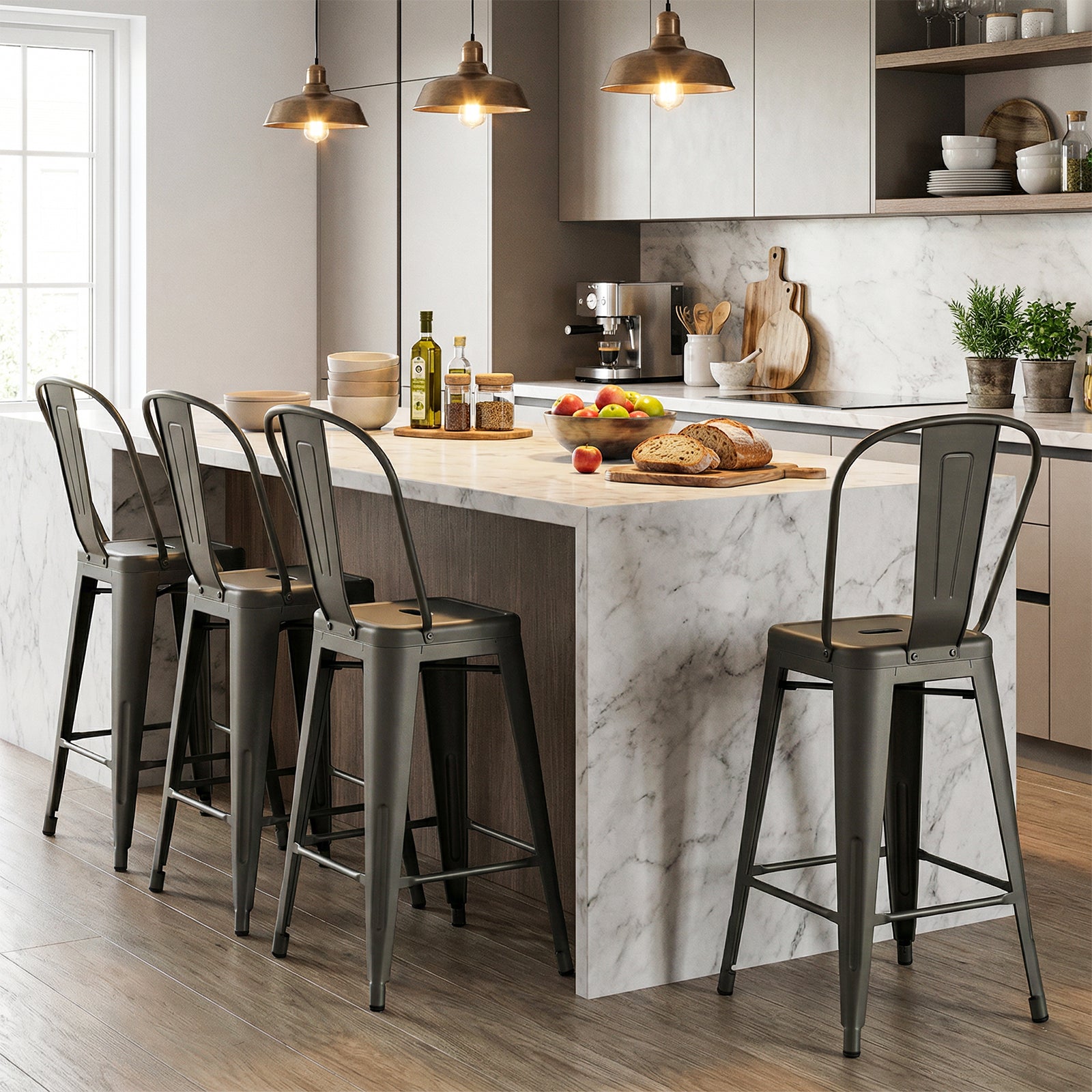 Set Of 4 Metal Bar Stools, Backrests And Footrests, Gun Metal Bar Stools at Gallery Canada