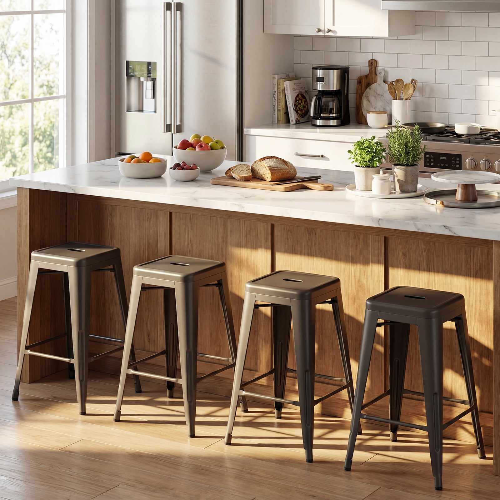 Set Of 4 Metal Bar Stools, Backrests And Footrests, Gun Metal Bar Stools at Gallery Canada