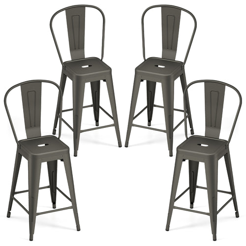 Set Of 4 Metal Bar Stools, Backrests And Footrests, Gun Metal