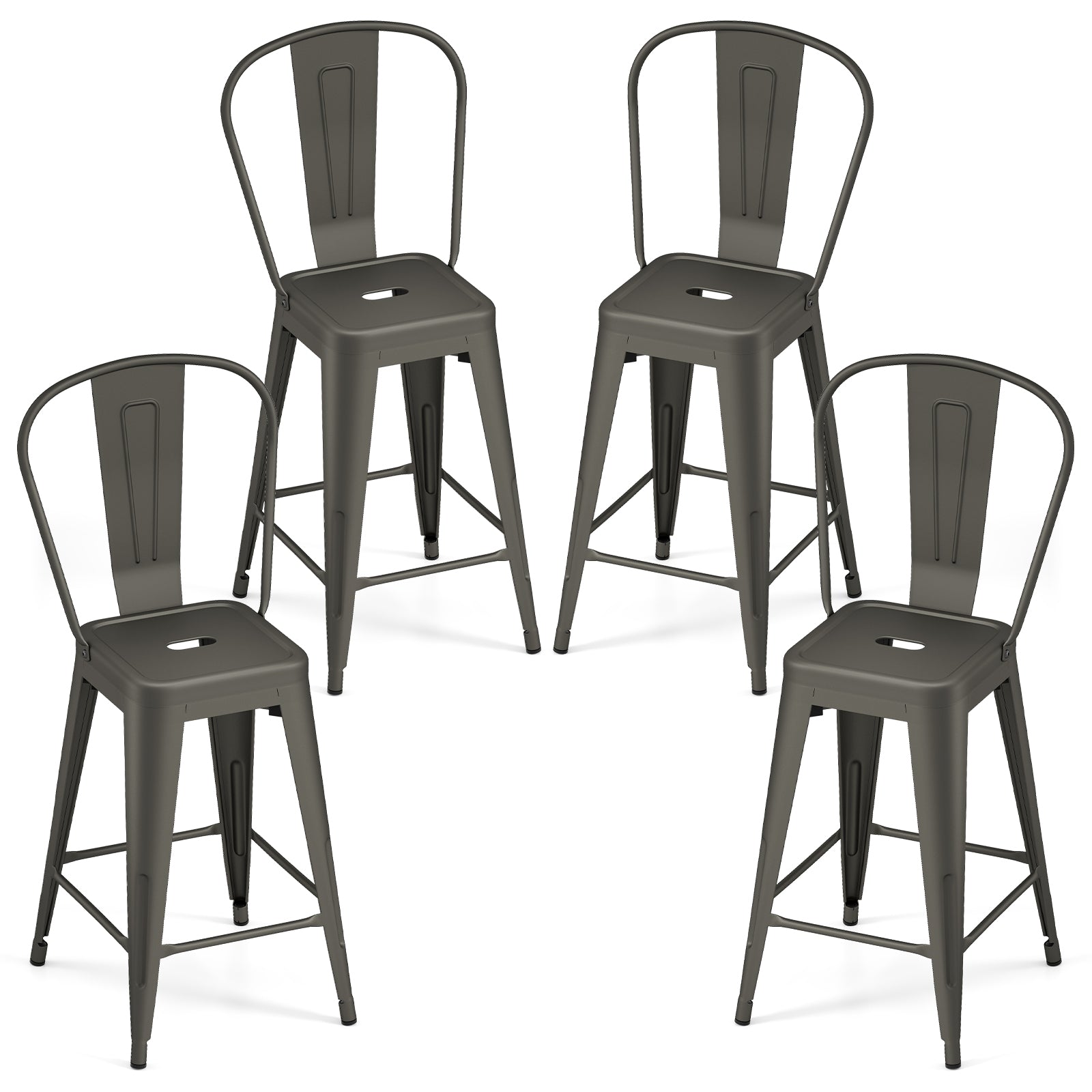 Set Of 4 Metal Bar Stools, Backrests And Footrests, Gun Metal Bar Stools at Gallery Canada