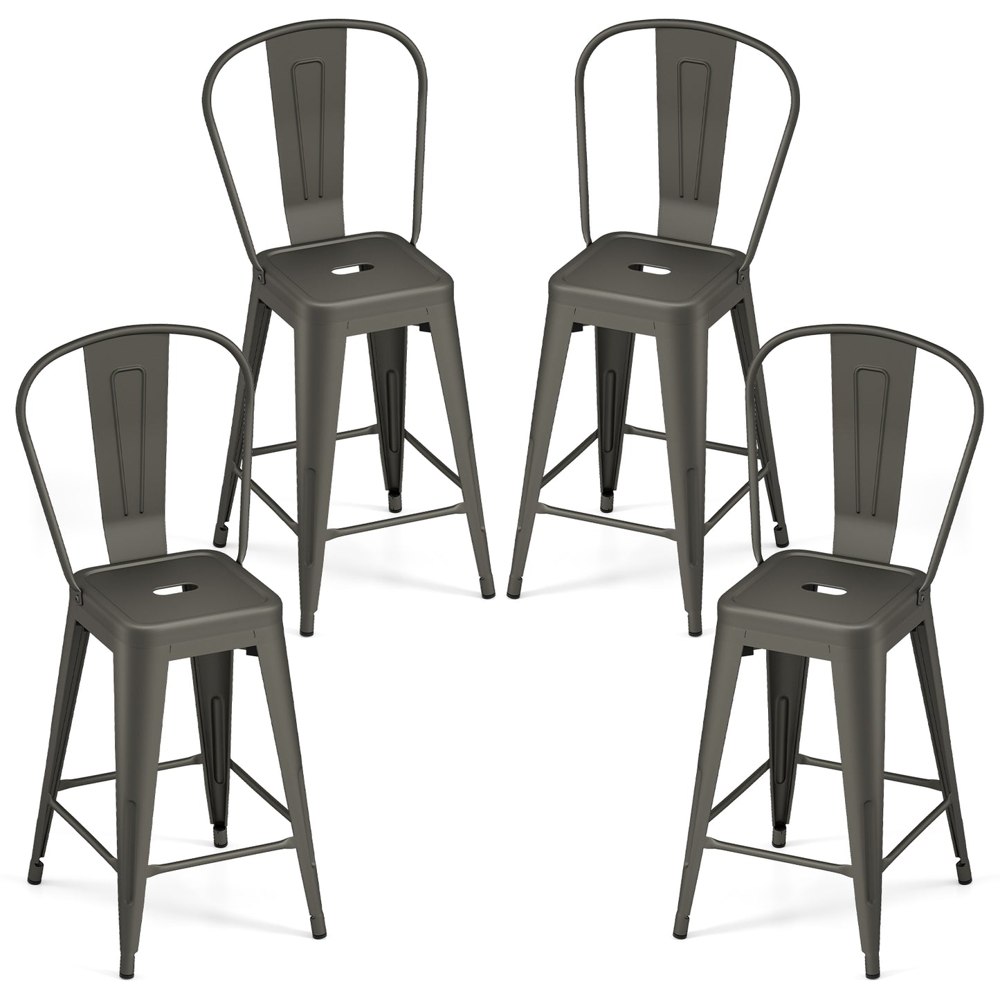 Set Of 4 Metal Bar Stools, Backrests And Footrests, Gun Metal Bar Stools at Gallery Canada