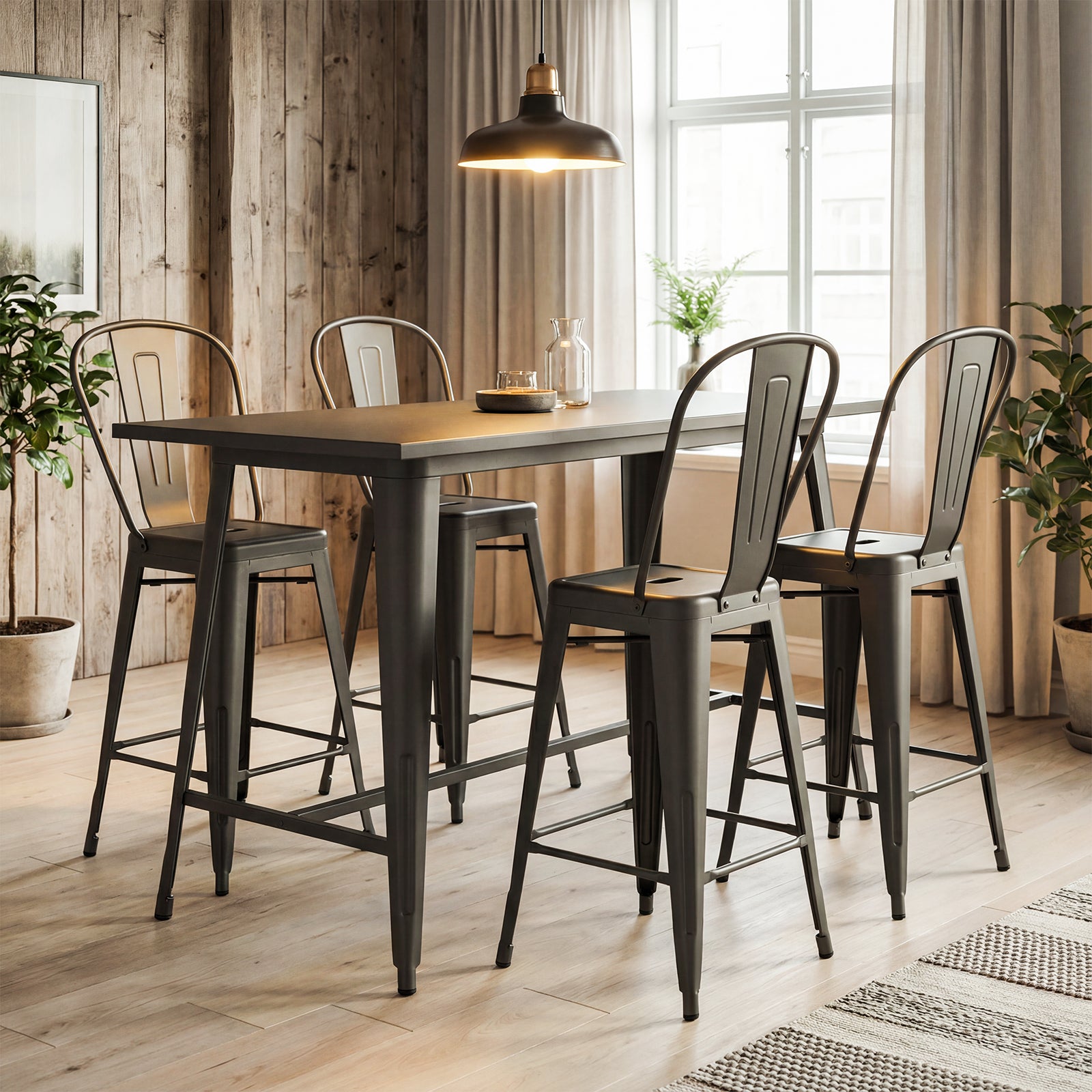 Set Of 4 Metal Bar Stools, Backrests And Footrests, Gun Metal Bar Stools at Gallery Canada