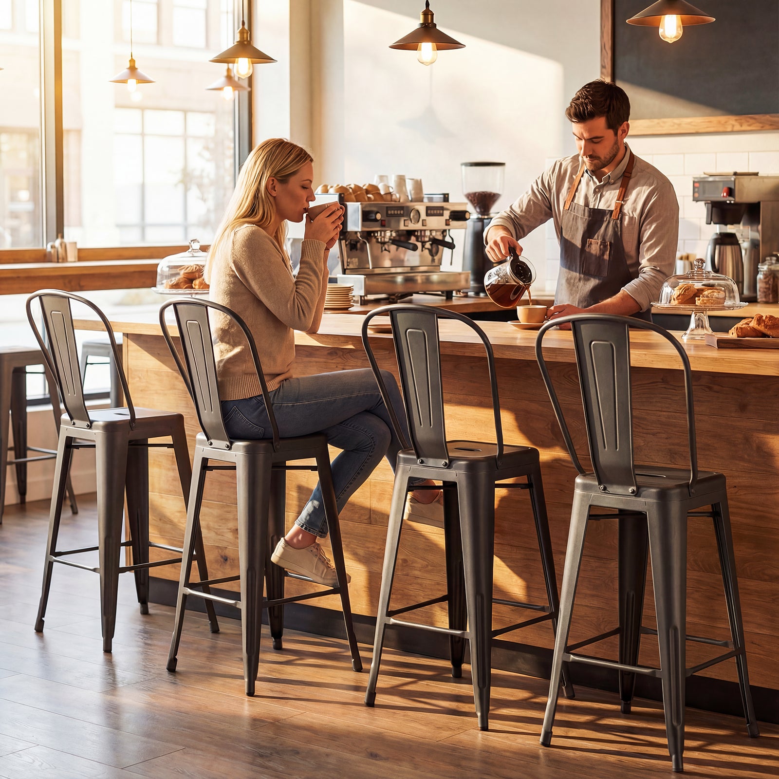 Set Of 4 Metal Bar Stools, Backrests And Footrests, Gun Metal Bar Stools at Gallery Canada