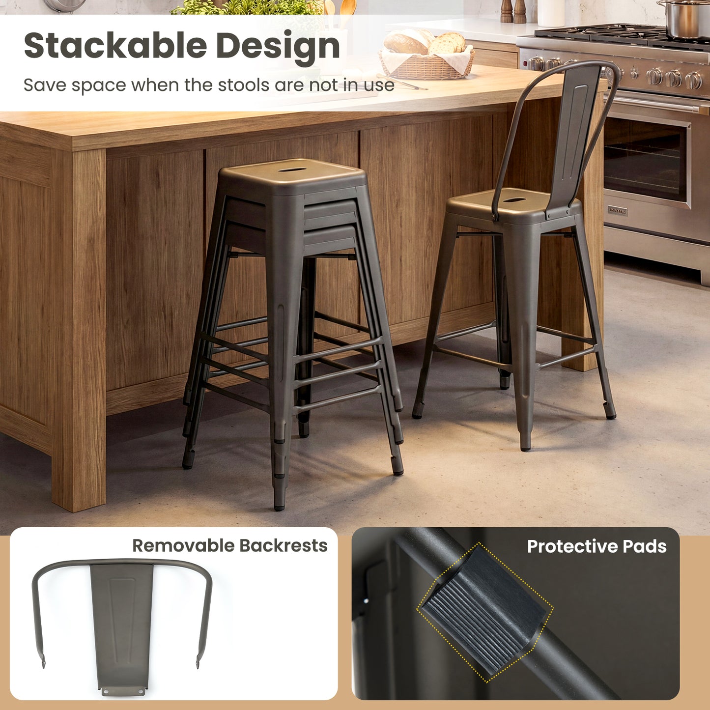 Set Of 4 Metal Bar Stools, Backrests And Footrests, Gun Metal Bar Stools at Gallery Canada