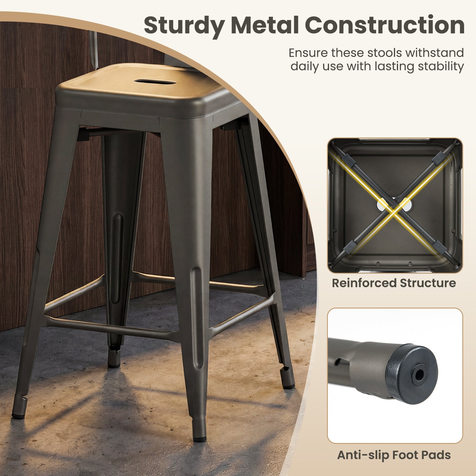Set Of 4 Metal Bar Stools, Backrests And Footrests, Gun Metal Bar Stools at Gallery Canada