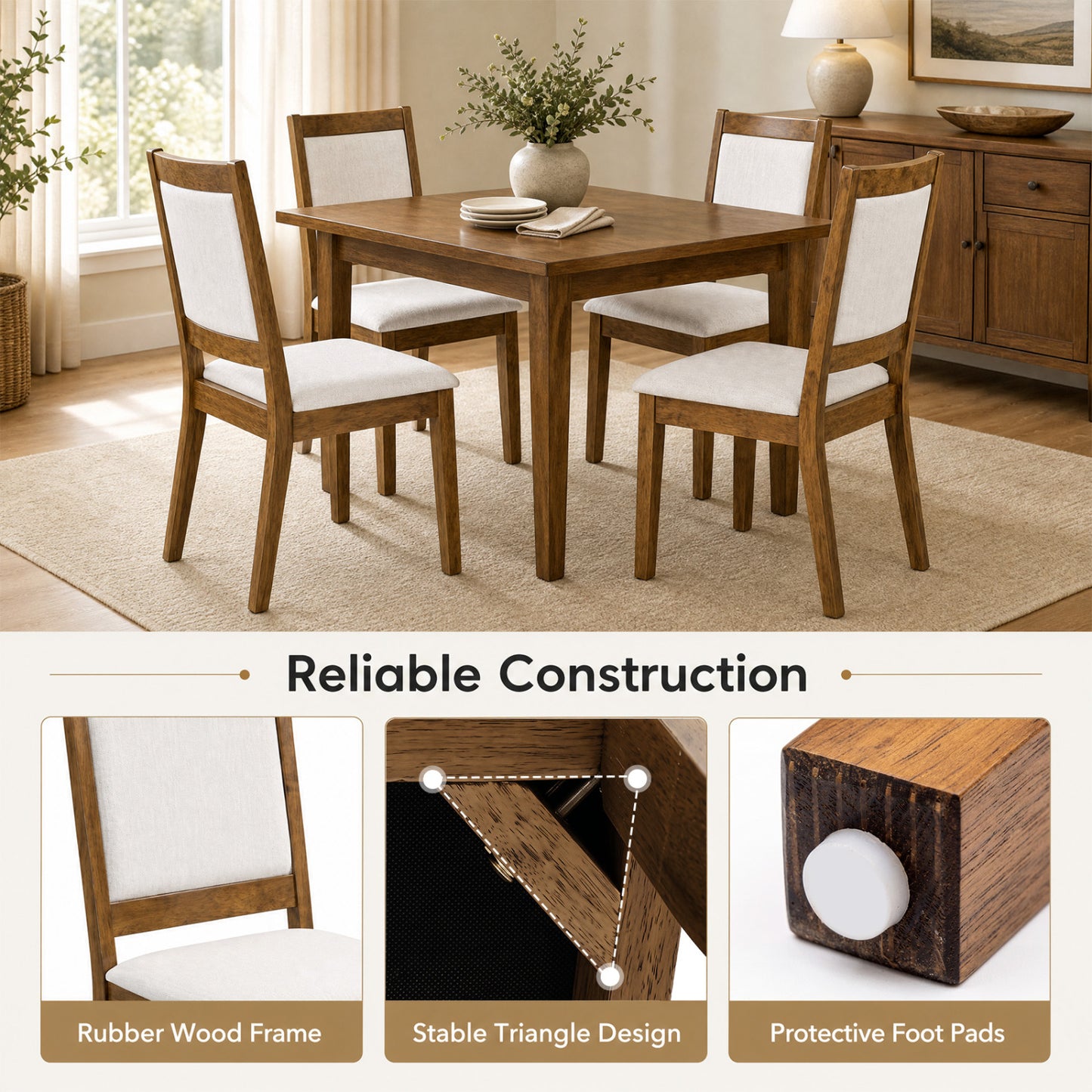 Ensemble de 4 chaises de cuisine modernes rembourrées, noyer