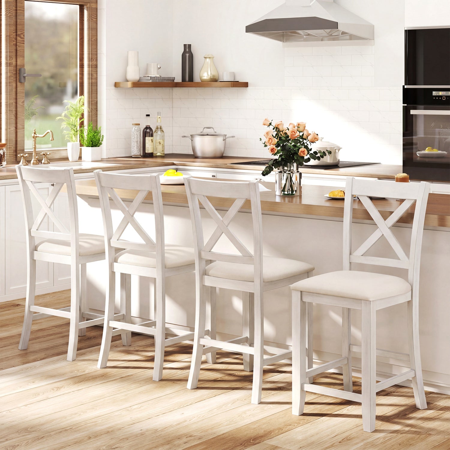 Set of 4 Modern Farmhouse Counter Height Stools with Footrest, White Bar Stools at Gallery Canada