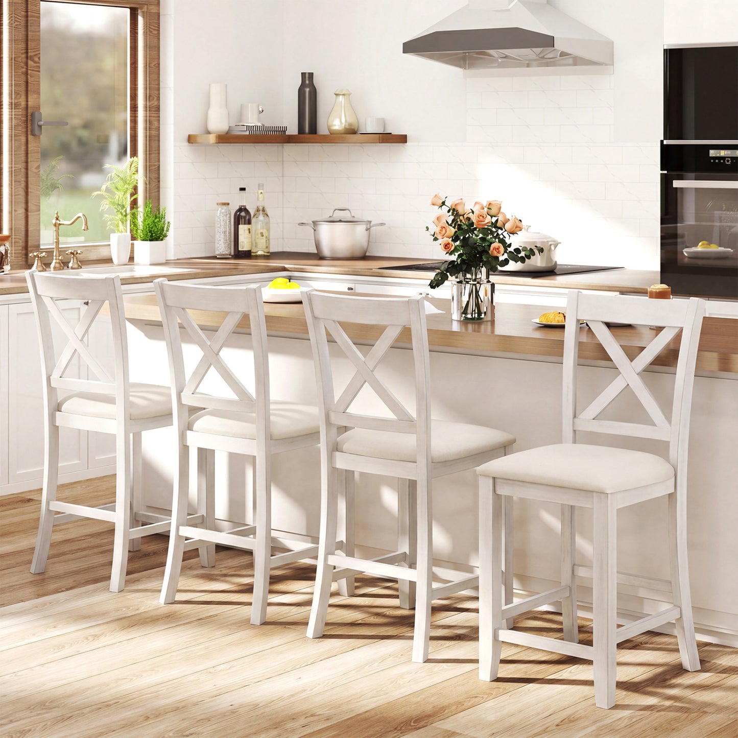 Set of 4 Modern Farmhouse Counter Height Stools with Footrest, White Bar Stools at Gallery Canada