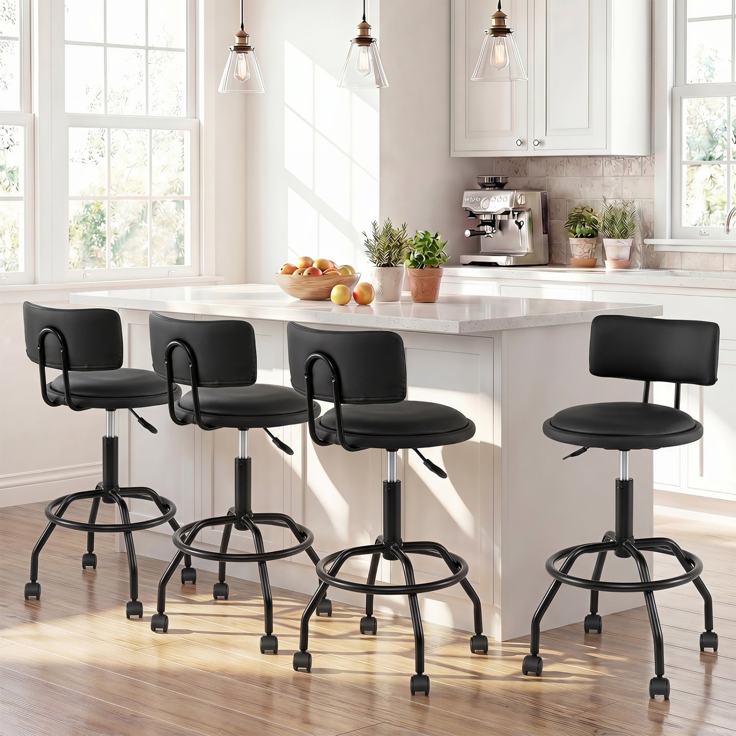 Ensemble de 4 tabourets de bar pivotants réglables avec dossier, noir