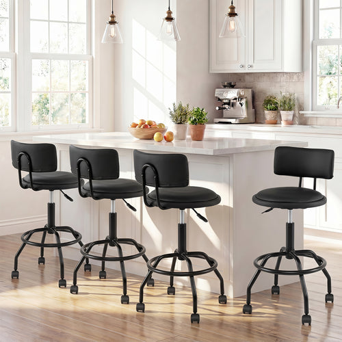 Set Of 4 Swivel Adjustable Bar Stools With Backrest, Black