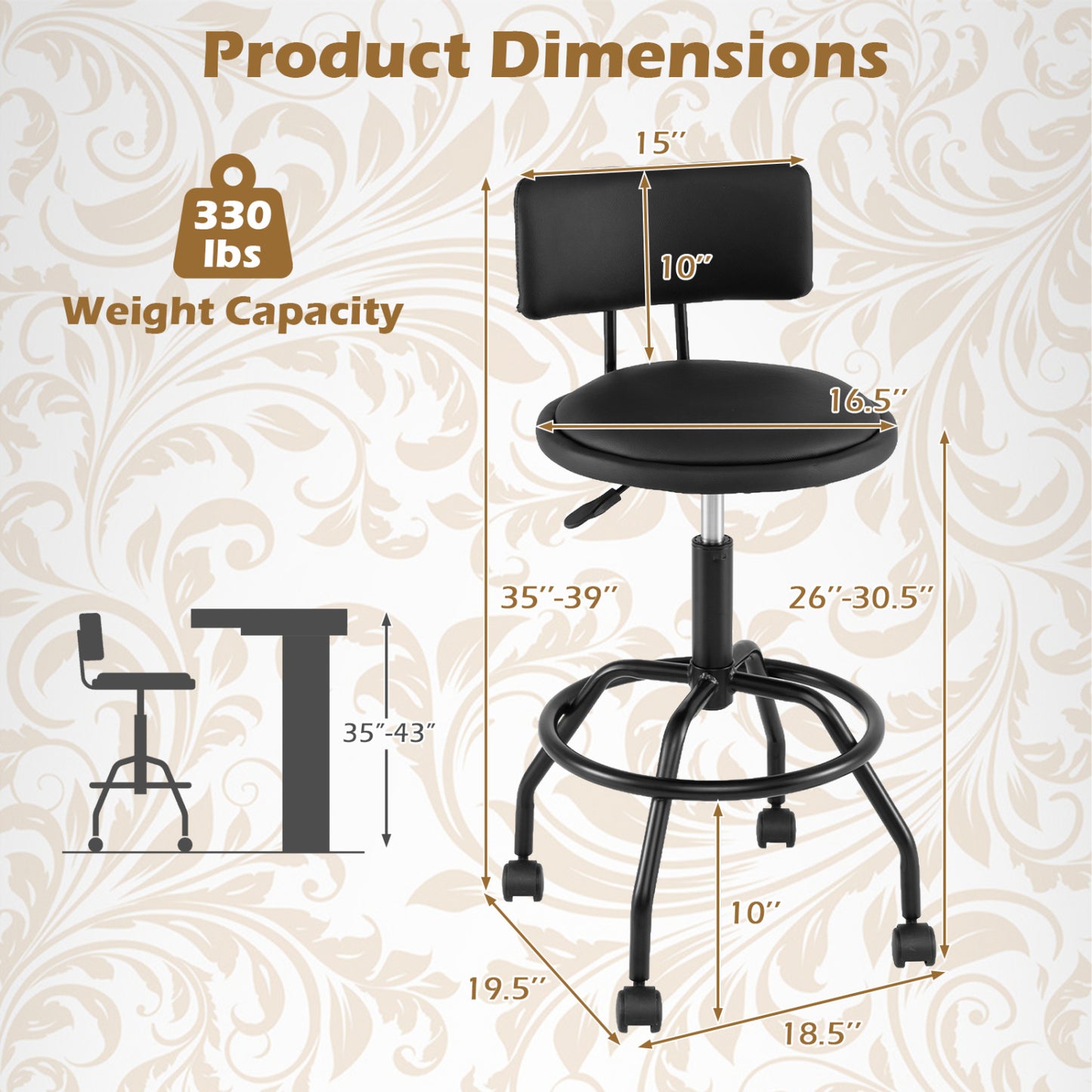 Ensemble de 4 tabourets de bar pivotants réglables avec dossier, noir