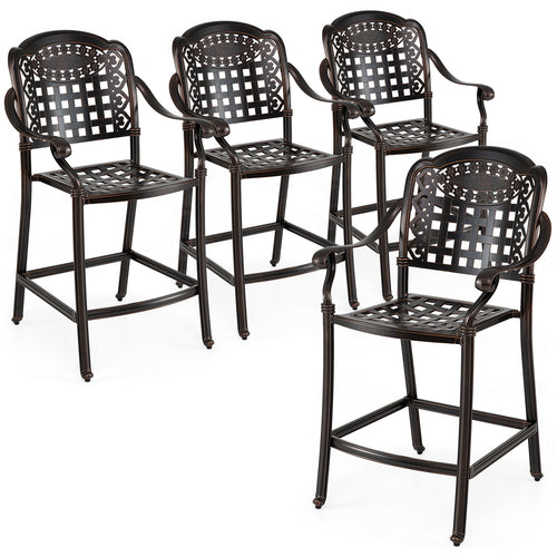 Set of 4 Outdoor Bar Stool 25.5 Inch Counter Height Cast Aluminum Bar Chairs, Copper