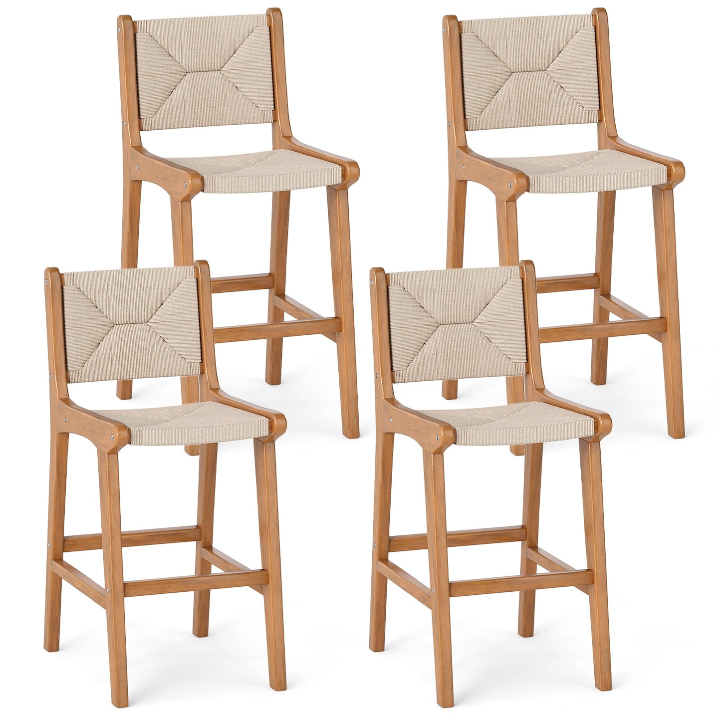 Set of 4 Outdoor Counter Height Bar Stool Woven Paper Rope Patio Barstool with Teak Wood Frame Patio Bar Furniture at Gallery Canada