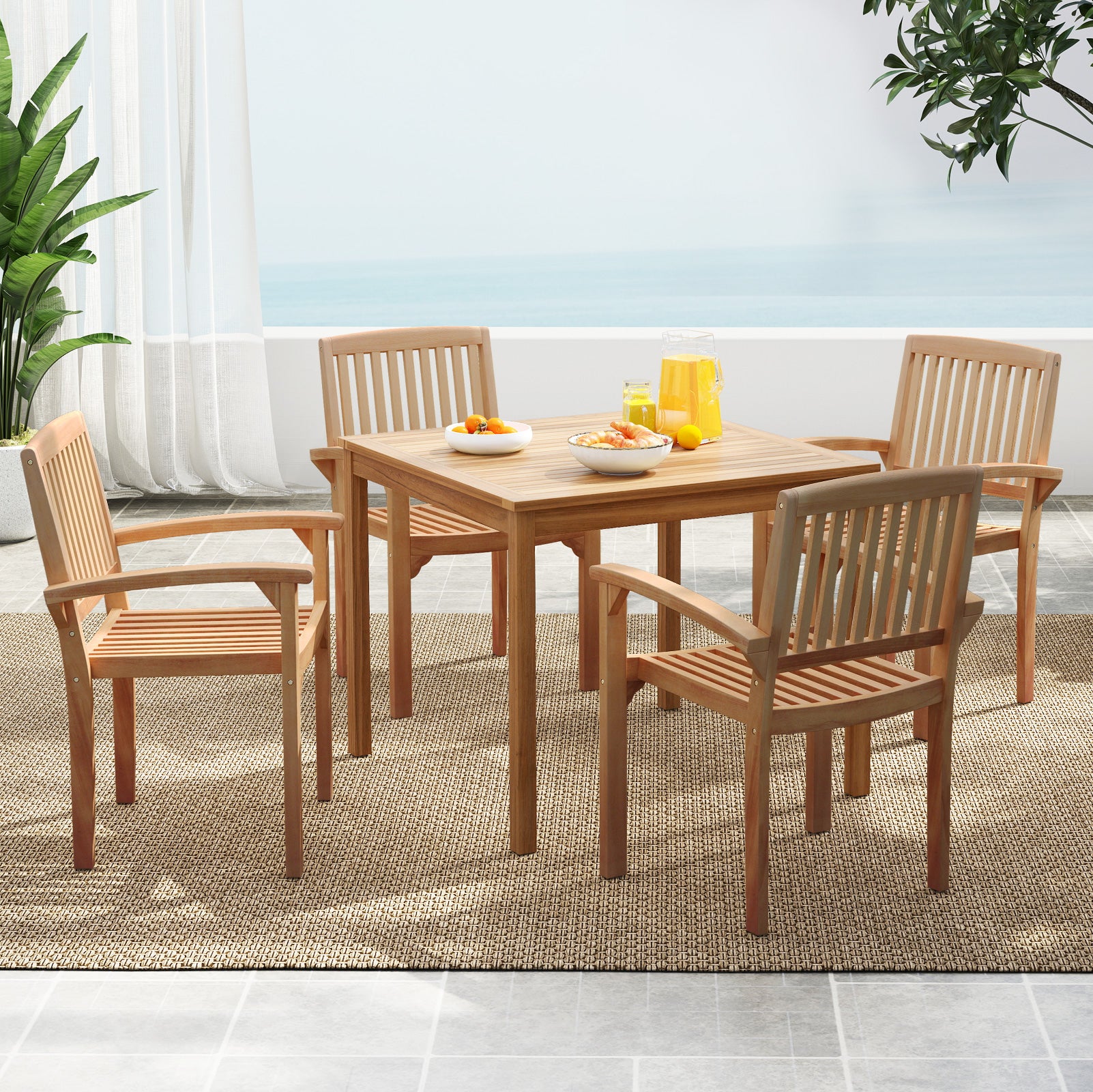 Set of 4 Outdoor Patio Chairs, Slatted Curved Seat, Natural Patio Dining Chairs at Gallery Canada