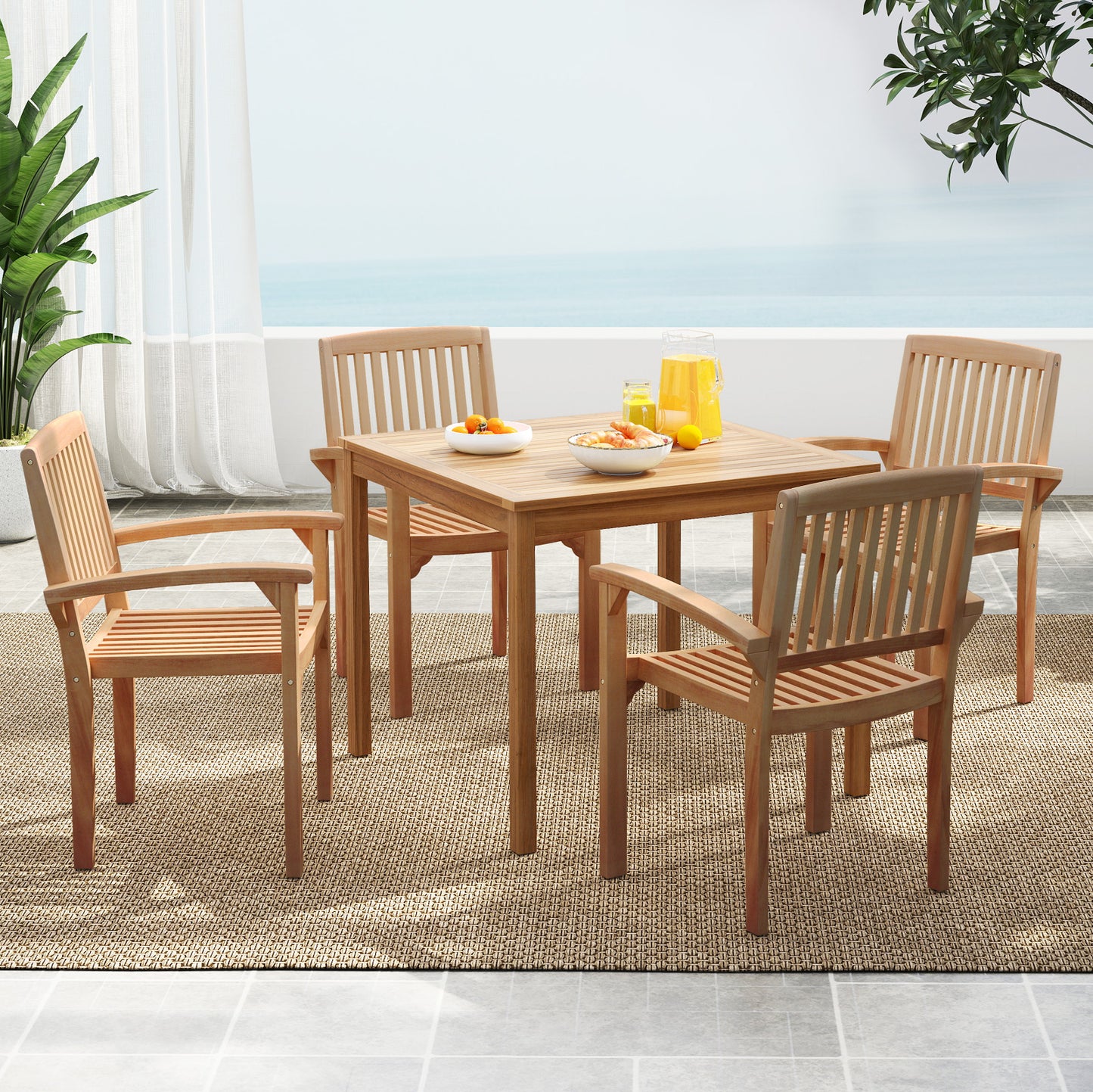 Set of 4 Outdoor Patio Chairs, Slatted Curved Seat, Natural Patio Dining Chairs at Gallery Canada