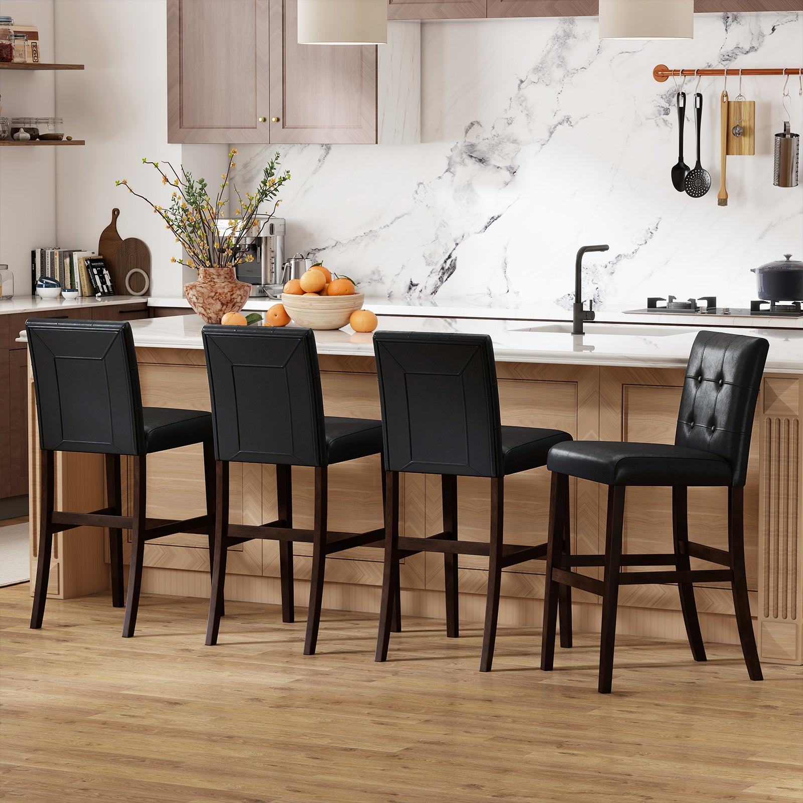 Set of 4 PVC Dining Leather Bar Stools with Solid Wood Legs-24 icnh Bar Stools at Gallery Canada
