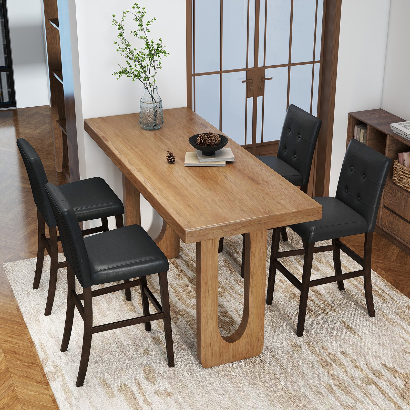 Set of 4 PVC Dining Leather Bar Stools with Solid Wood Legs-24 icnh Bar Stools at Gallery Canada