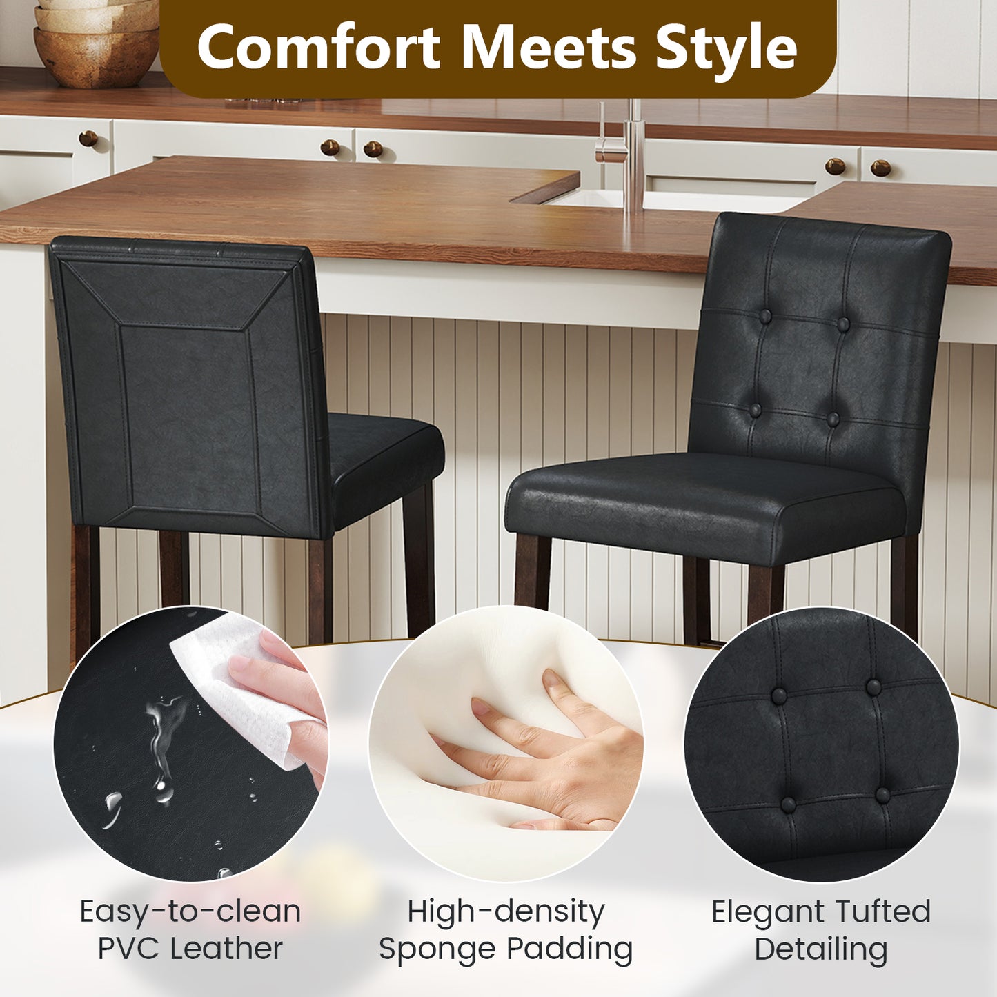 Set of 4 PVC Dining Leather Bar Stools with Solid Wood Legs-24 icnh Bar Stools at Gallery Canada