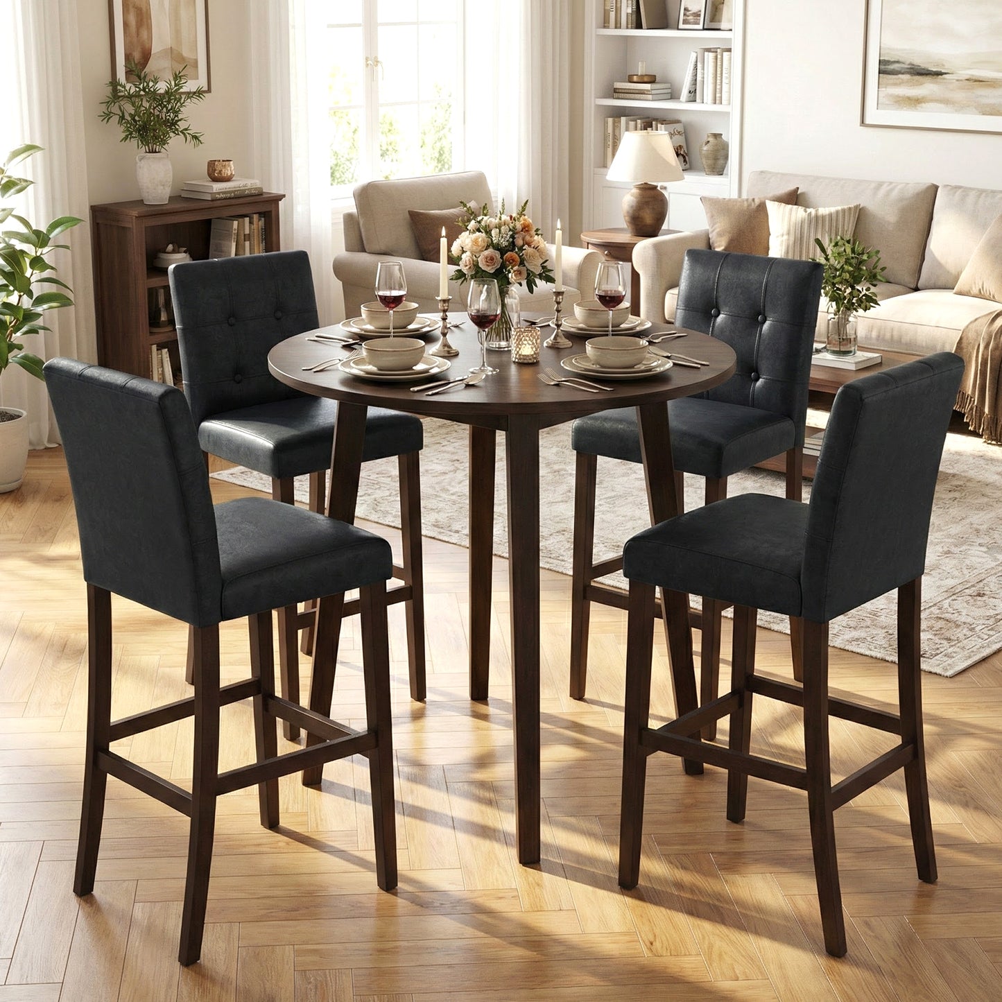 Set of 4 PVC Dining Leather Bar Stools with Solid Wood Legs-29 inch Bar Stools at Gallery Canada