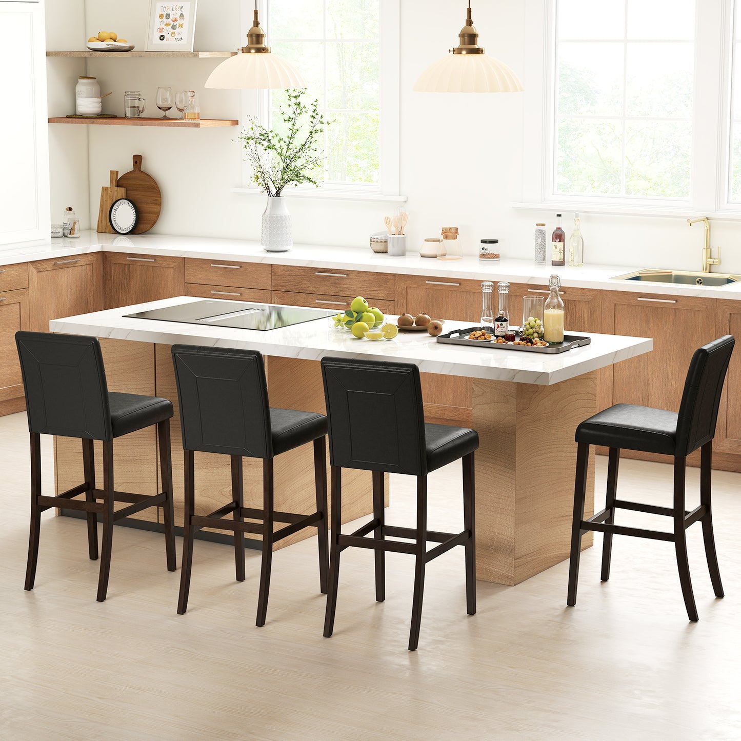 Set of 4 PVC Dining Leather Bar Stools with Solid Wood Legs-29 inch Bar Stools at Gallery Canada