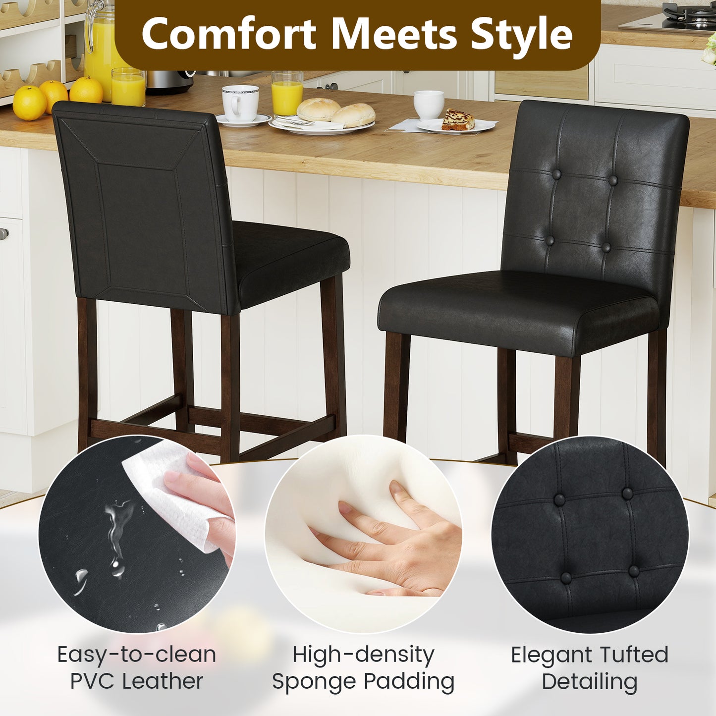 Set of 4 PVC Dining Leather Bar Stools with Solid Wood Legs-29 inch Bar Stools at Gallery Canada