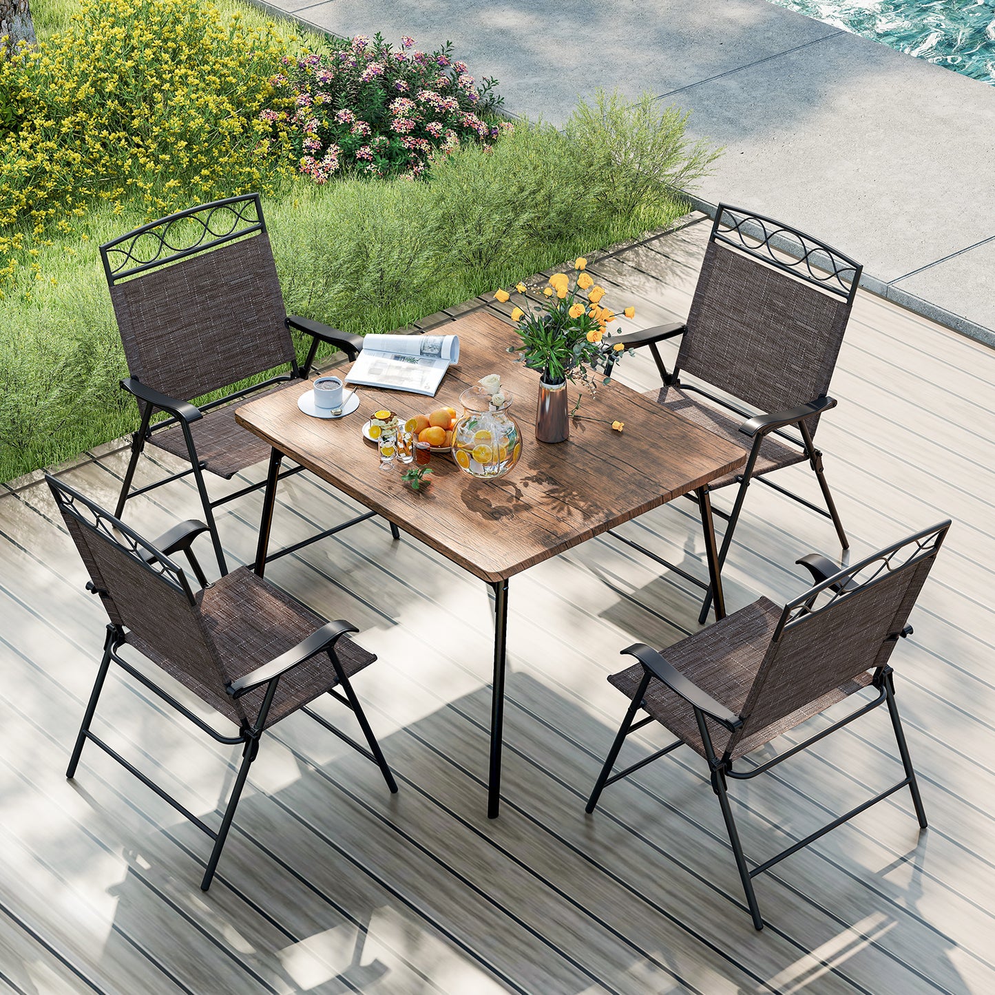 Set of 4 Patio Folding Chairs Set Dining Chairs with Armrests, Brown Patio Dining Chairs at Gallery Canada