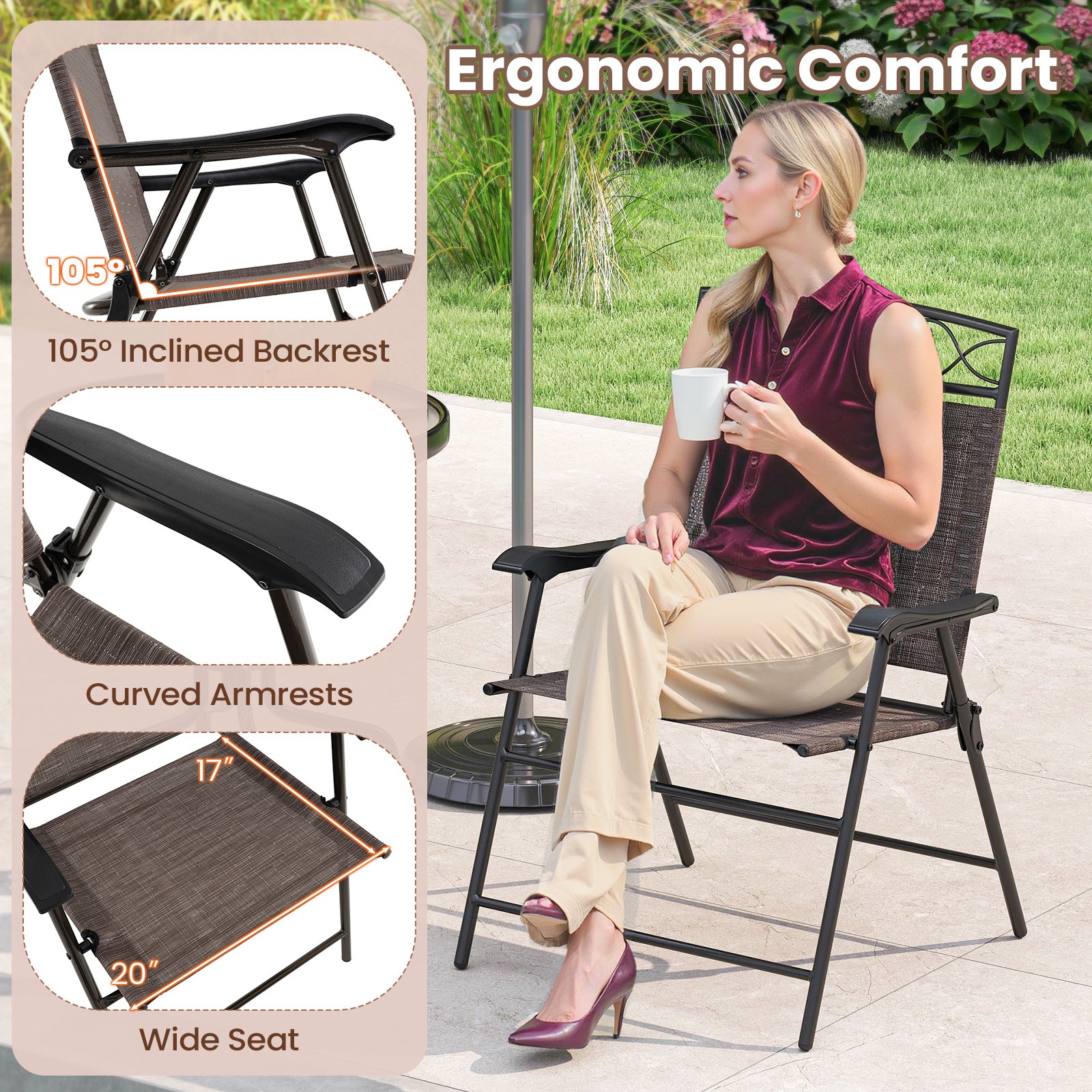 Set of 4 Patio Folding Chairs Set Dining Chairs with Armrests, Brown Patio Dining Chairs at Gallery Canada