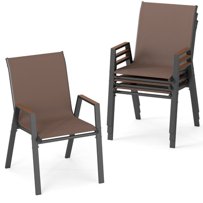 Set of 4 Stackable High Back Patio Chairs, 400 LBS, Brown