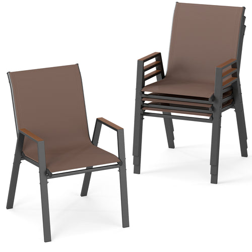 Set of 4 Stackable High Back Patio Chairs, 400 LBS, Brown