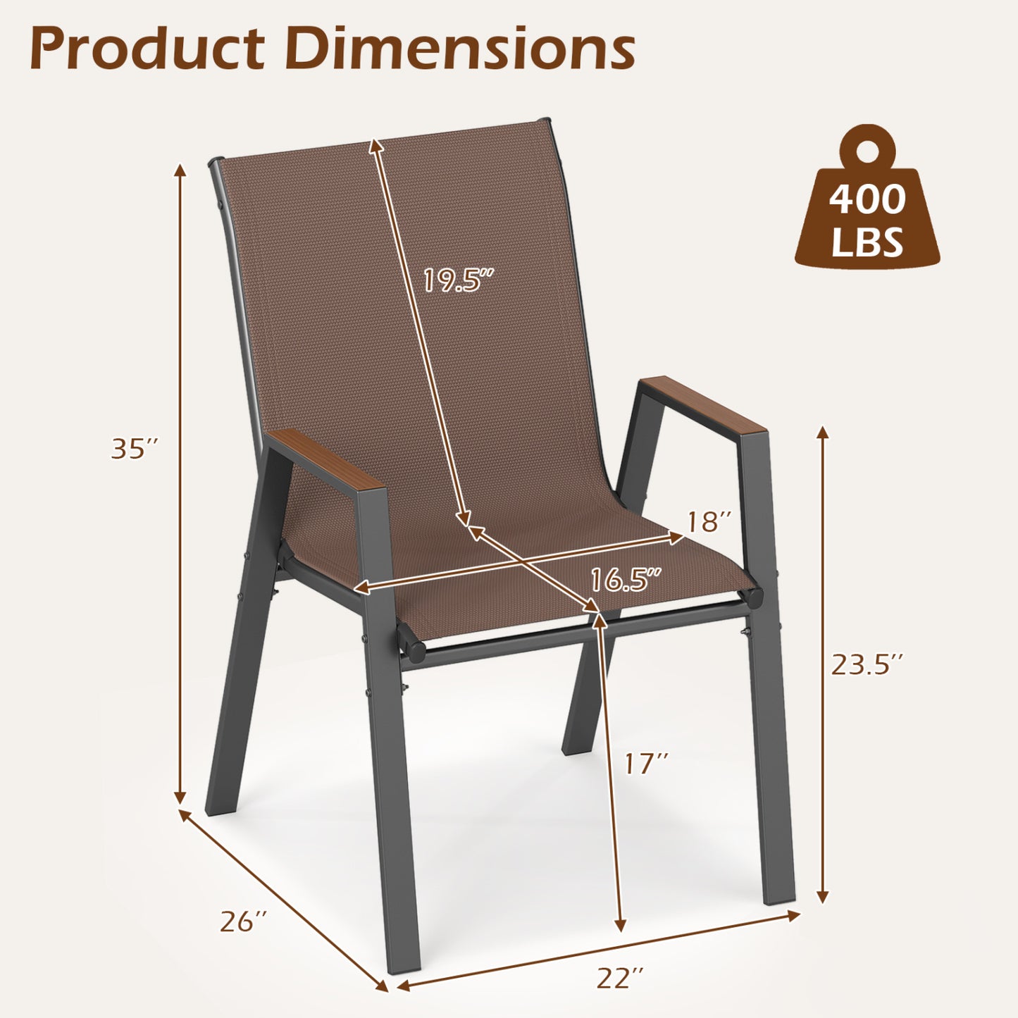 Set of 4 Stackable High Back Patio Chairs, 400 LBS, Brown