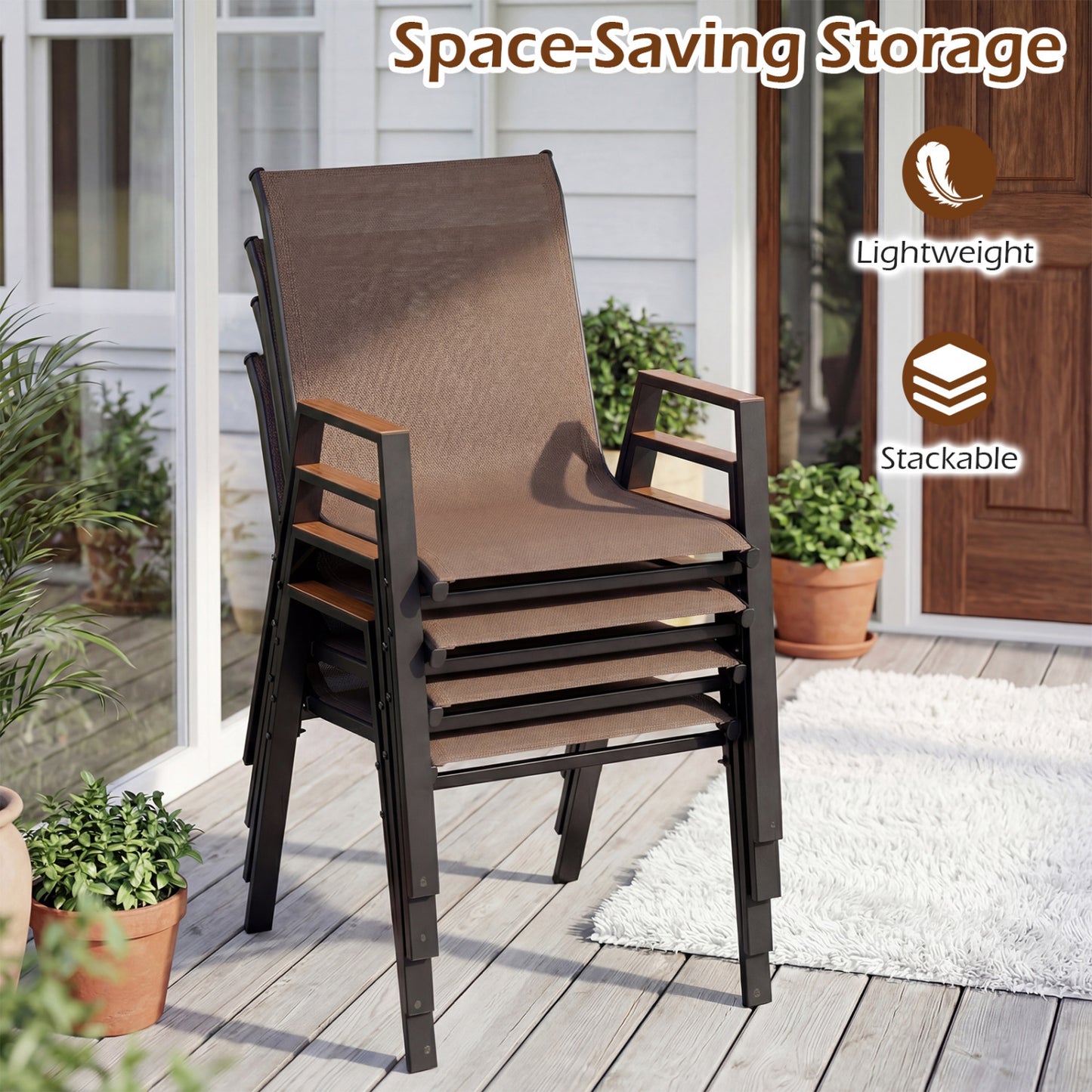 Set of 4 Stackable High Back Patio Chairs, 400 LBS, Brown