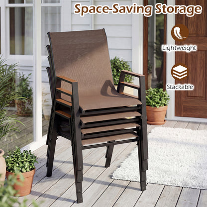 Set of 4 Stackable High Back Patio Chairs, 400 LBS, Brown