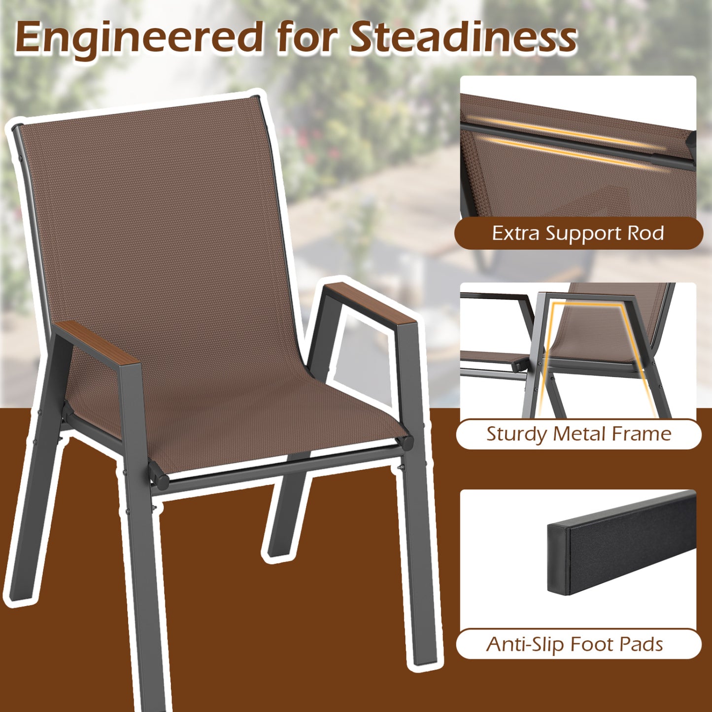 Set of 4 Stackable High Back Patio Chairs, 400 LBS, Brown