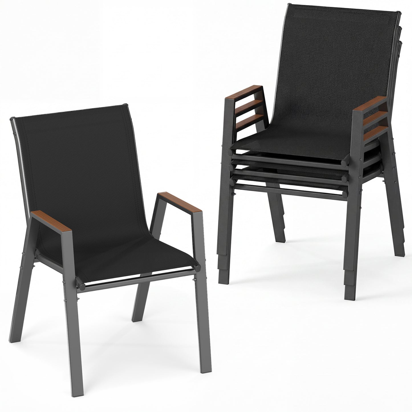 Set Of 4 Stackable Patio Chairs, High Backs, 400 LBS, Black
