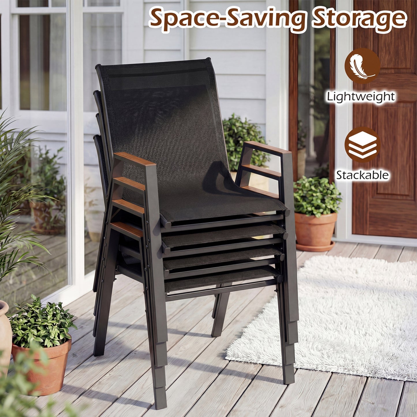 Set Of 4 Stackable Patio Chairs, High Backs, 400 LBS, Black