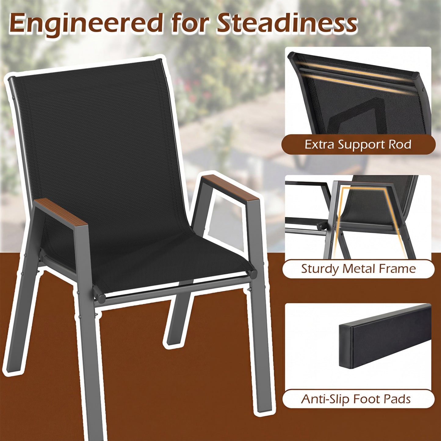 Set Of 4 Stackable Patio Chairs, High Backs, 400 LBS, Black