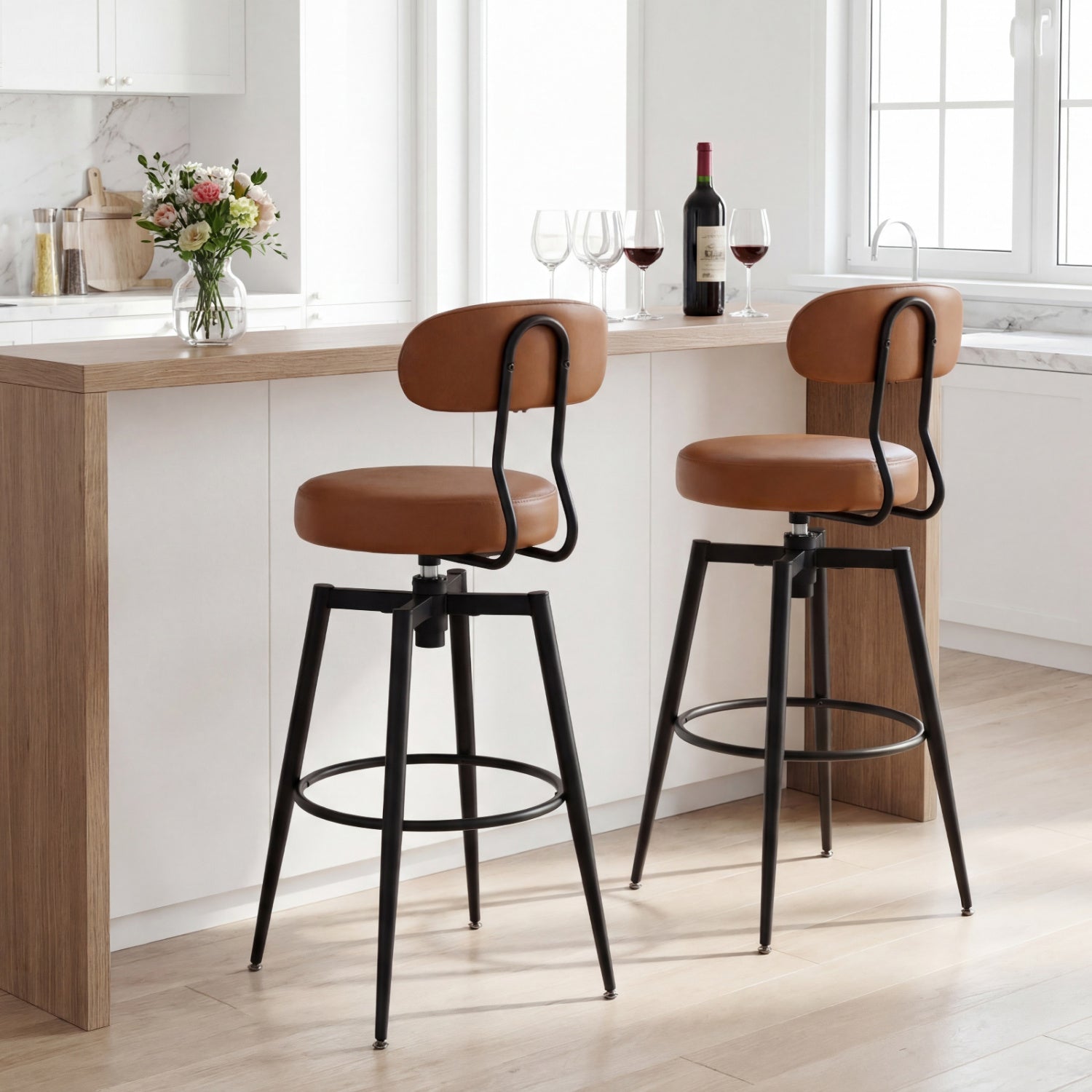 Set Of 4 Swivel Barstools, Faux Leather Upholstered Seat And Back, Brown Bar Stools at Gallery Canada