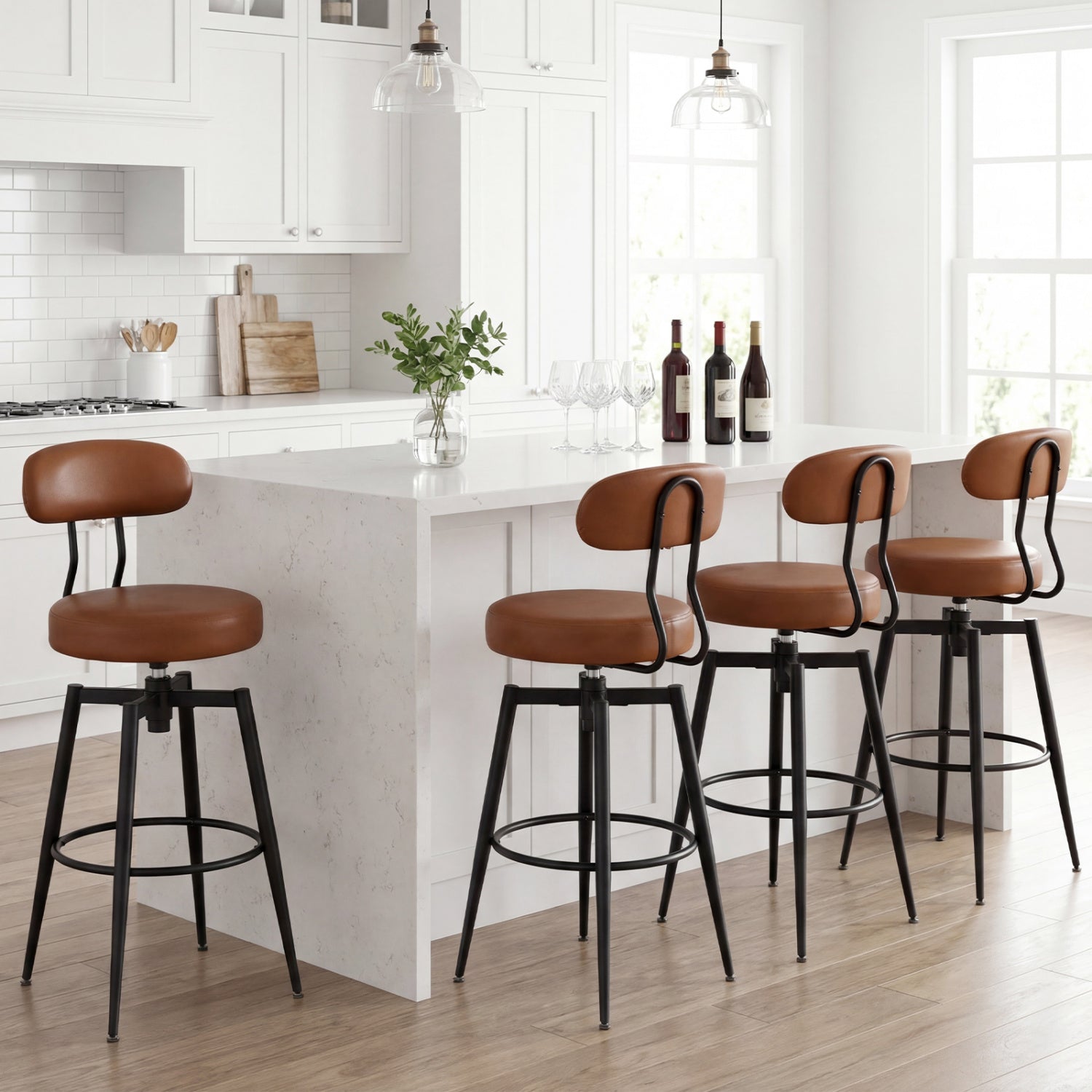 Set Of 4 Swivel Barstools, Faux Leather Upholstered Seat And Back, Brown Bar Stools at Gallery Canada