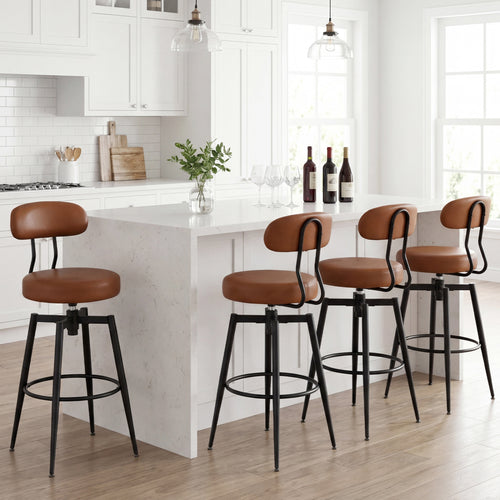 Set Of 4 Swivel Barstools, Faux Leather Upholstered Seat And Back, Brown
