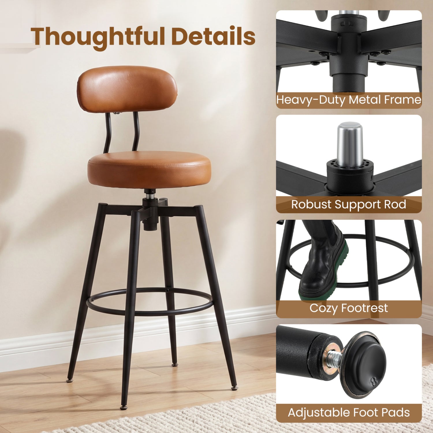 Set Of 4 Swivel Barstools, Faux Leather Upholstered Seat And Back, Brown Bar Stools at Gallery Canada