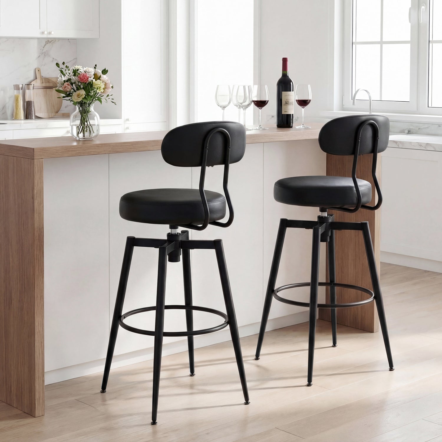 Set Of 4 Swivel Barstools, Faux Leather Upholstered Seat And Back, Black Bar Stools at Gallery Canada