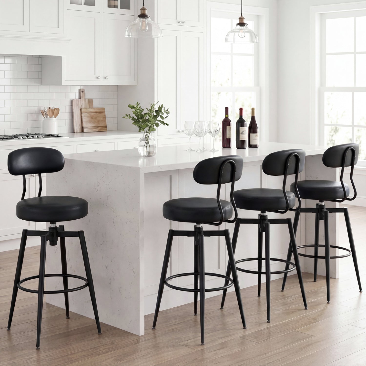 Set Of 4 Swivel Barstools, Faux Leather Upholstered Seat And Back, Black Bar Stools at Gallery Canada