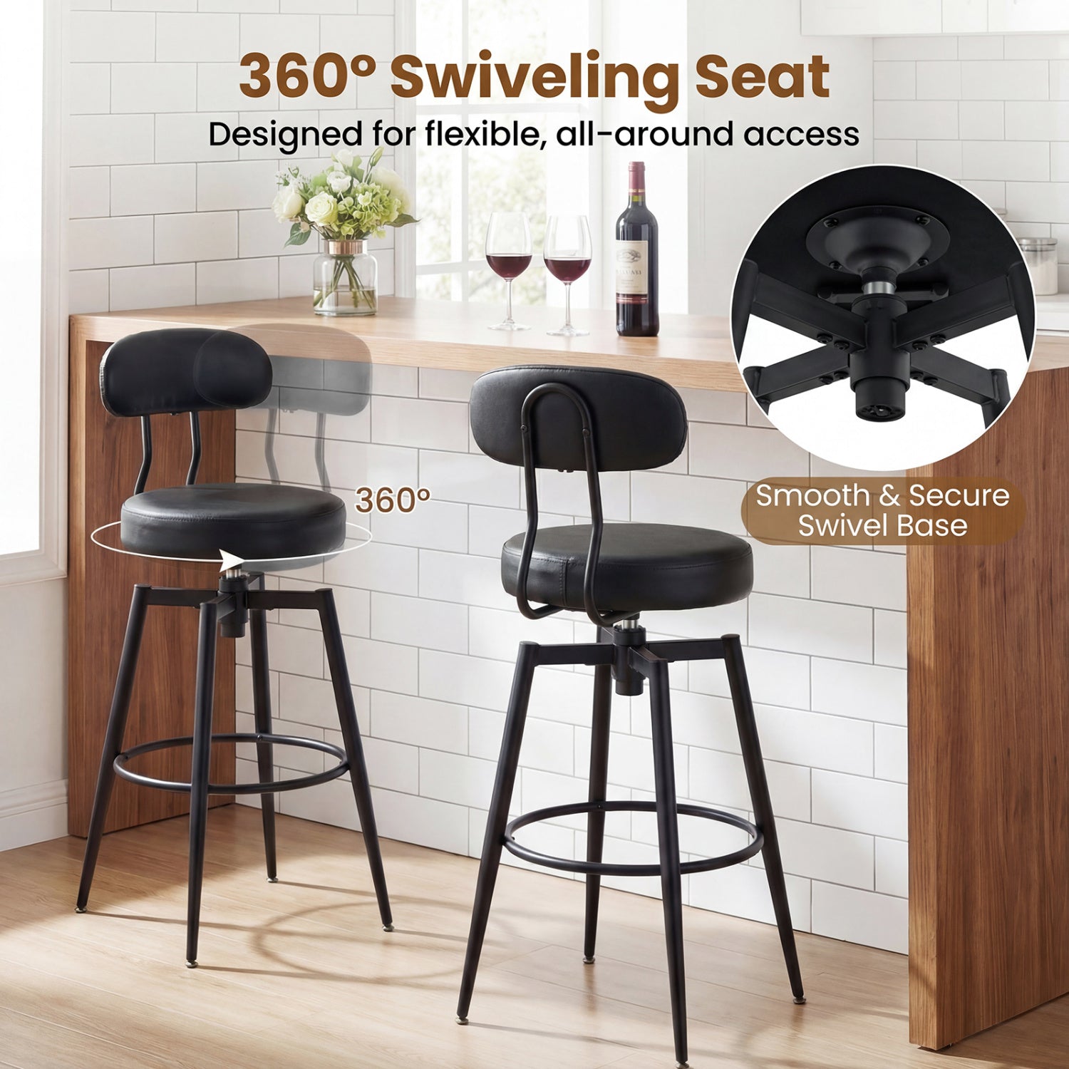 Set Of 4 Swivel Barstools, Faux Leather Upholstered Seat And Back, Black Bar Stools at Gallery Canada