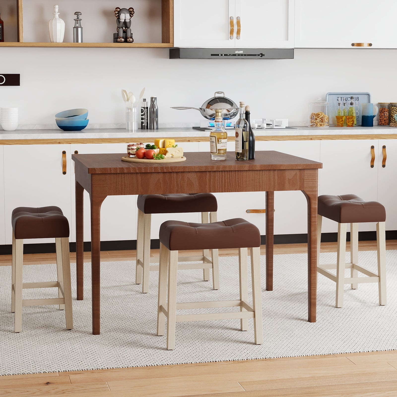 Set of 4 Upholstered Counter Height Bar Stool with Curved Saddle-Seat, Brown Bar Stools at Gallery Canada
