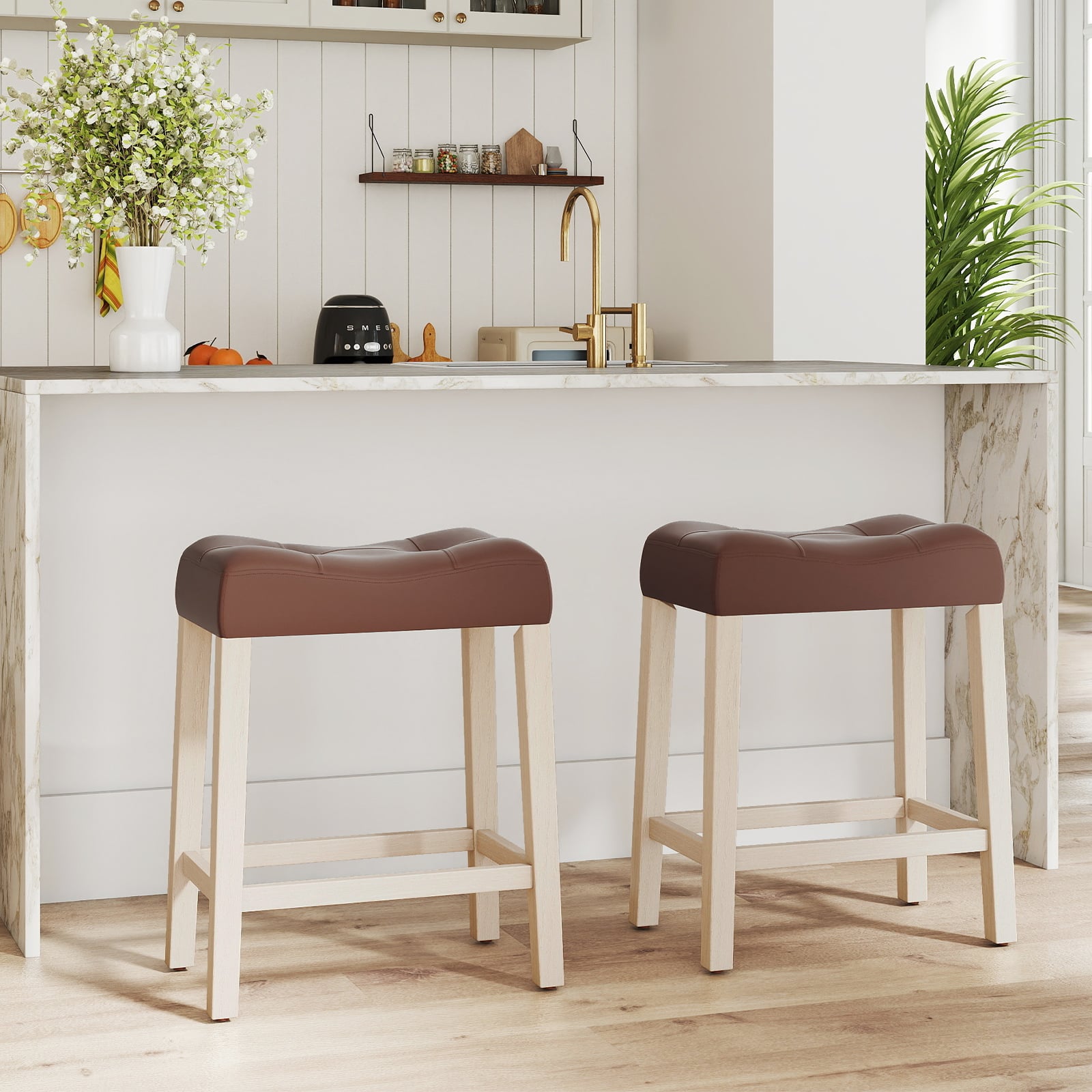 Set of 4 Upholstered Counter Height Bar Stool with Curved Saddle-Seat, Brown Bar Stools at Gallery Canada
