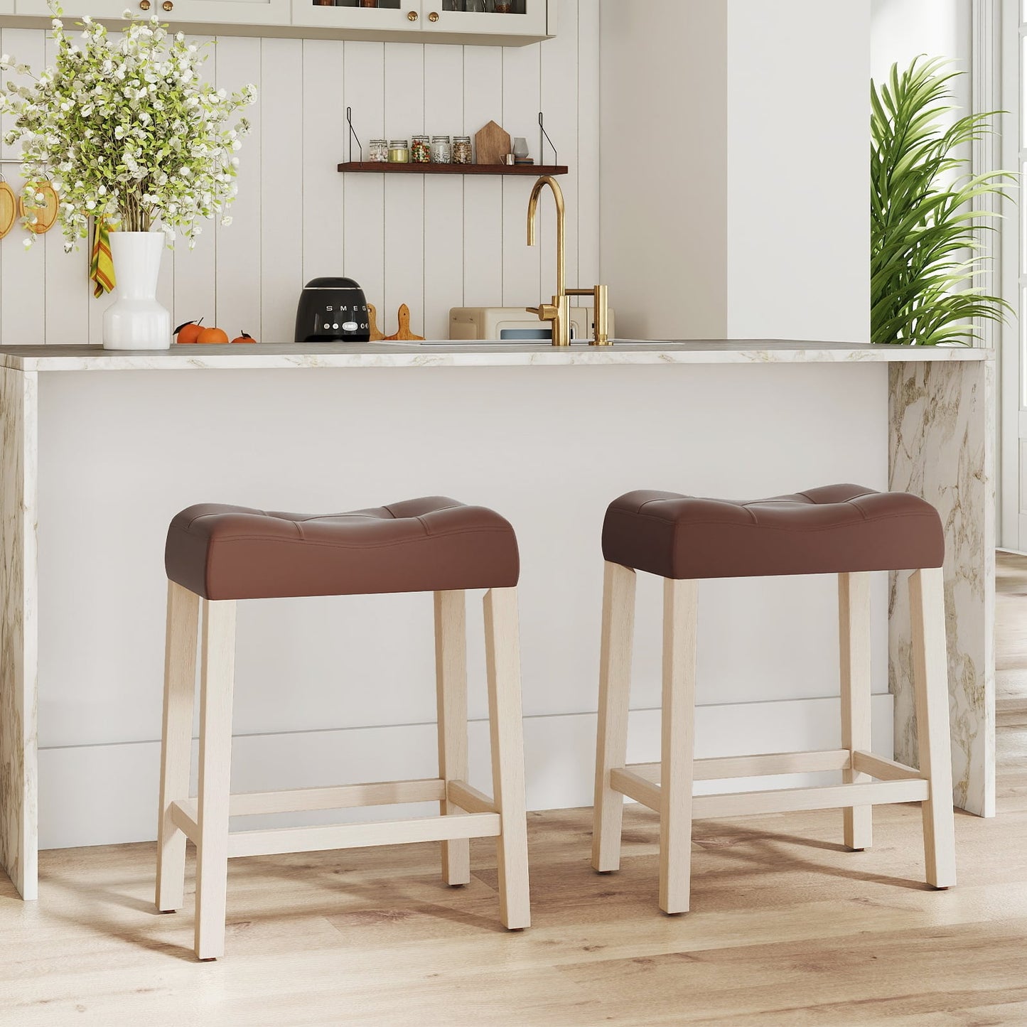 Set of 4 Upholstered Counter Height Bar Stool with Curved Saddle-Seat, Brown Bar Stools at Gallery Canada