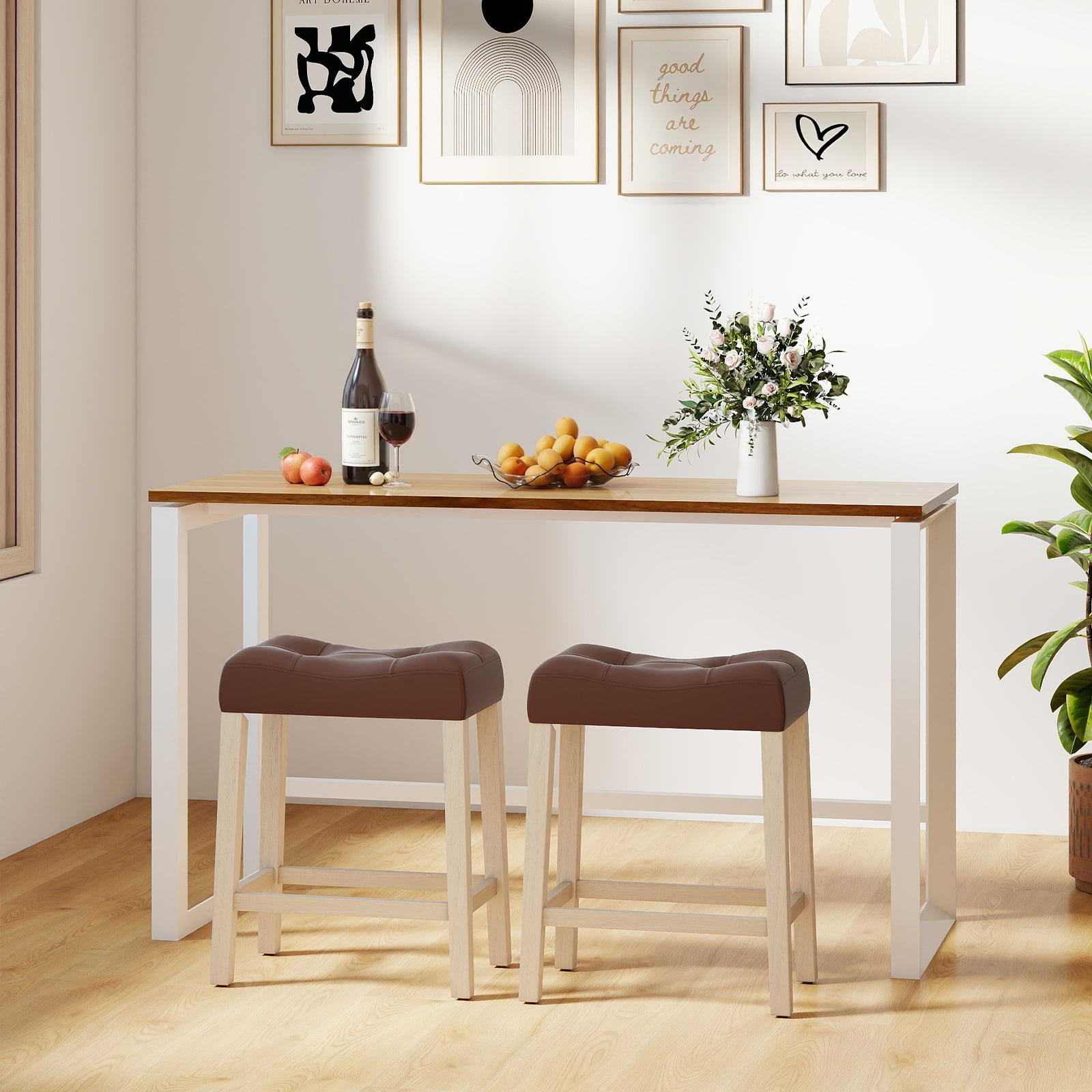 Set of 4 Upholstered Counter Height Bar Stool with Curved Saddle-Seat, Brown Bar Stools at Gallery Canada