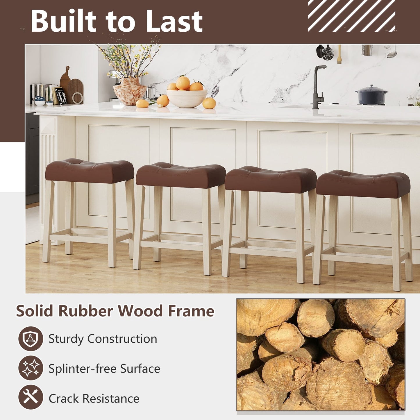 Set of 4 Upholstered Counter Height Bar Stool with Curved Saddle-Seat, Brown Bar Stools at Gallery Canada